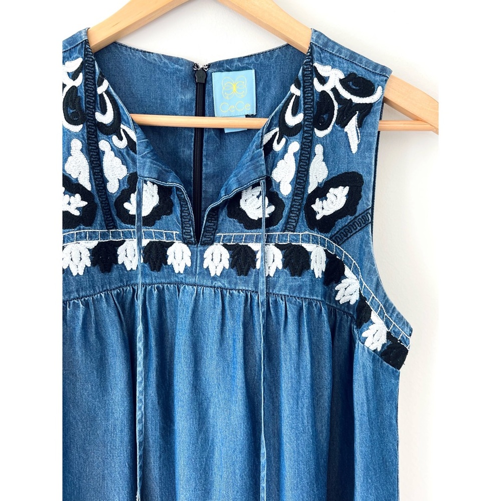 Cece 🌈 Embroidered Chambray Dottie Shift Dress in Caviar Denim - Picture 11 of 16